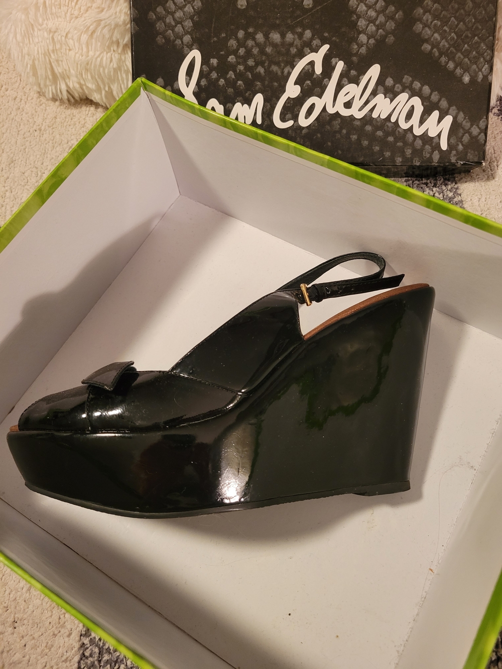 Sam Edelman Black Patent Peep-Toe Slingback Heels with Bow